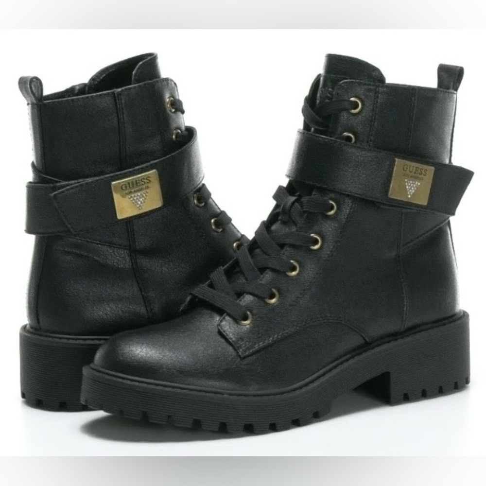 GUESS Caleena Lace Up Combat Boots With Gold Jeweled Guess Accent Strap NWOT - Picture 1 of 14